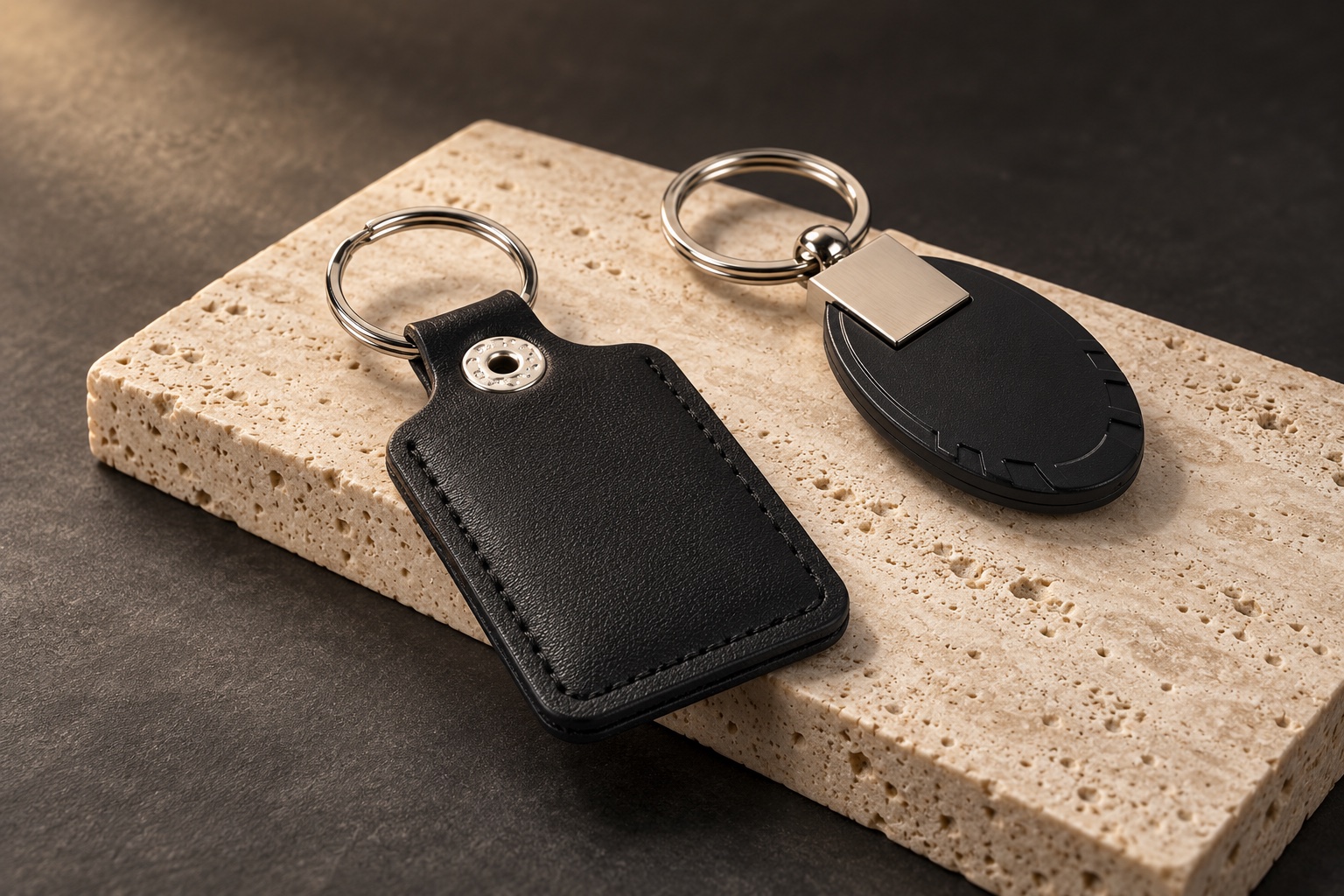 A styled visualization of our black PU leather and metal-trim RFID keyfobs on a stone plinth.